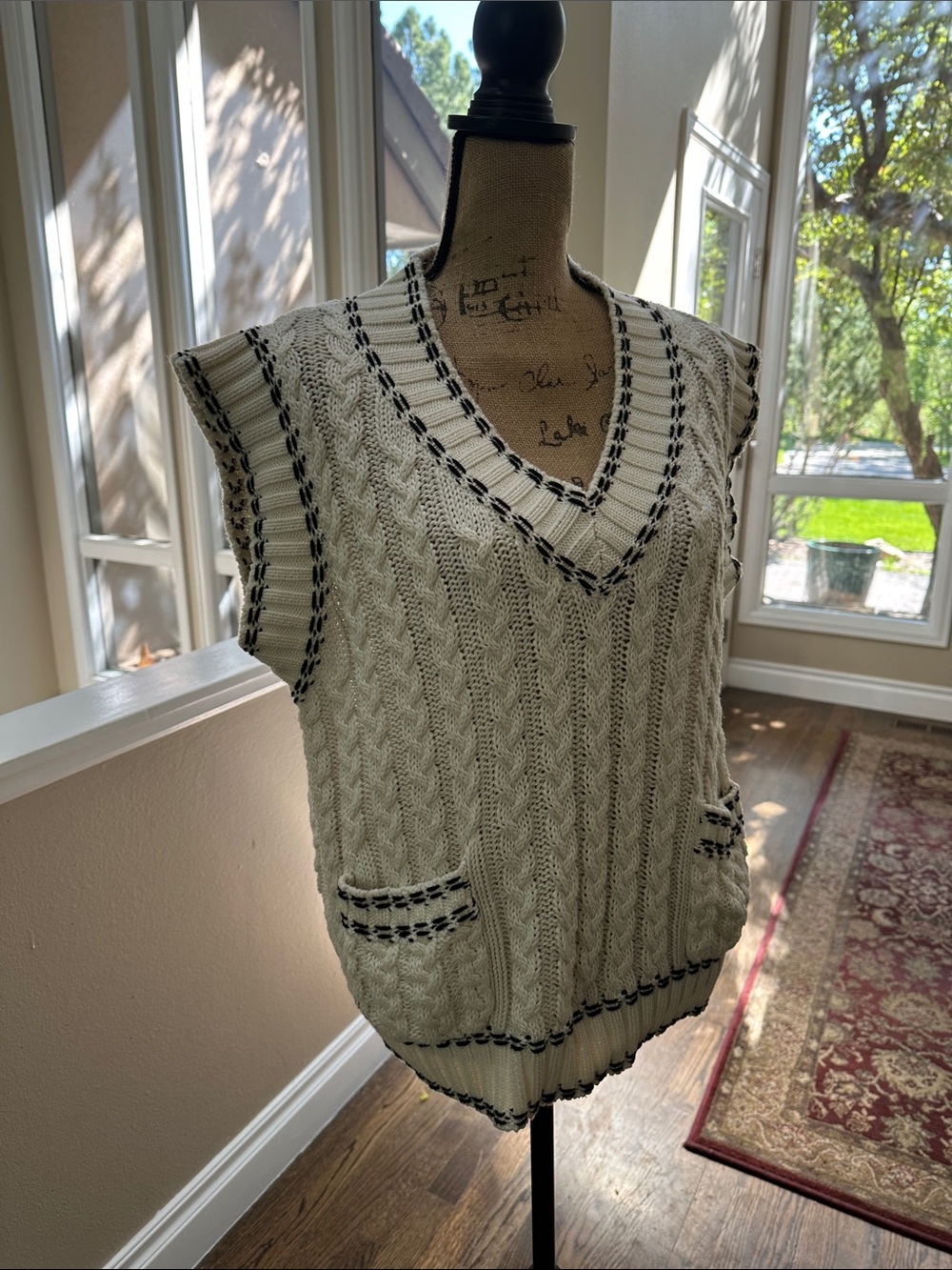 Altar'd State Cable Knit V-Neck Sweater Vest in Cream with Black Trim Sz S
